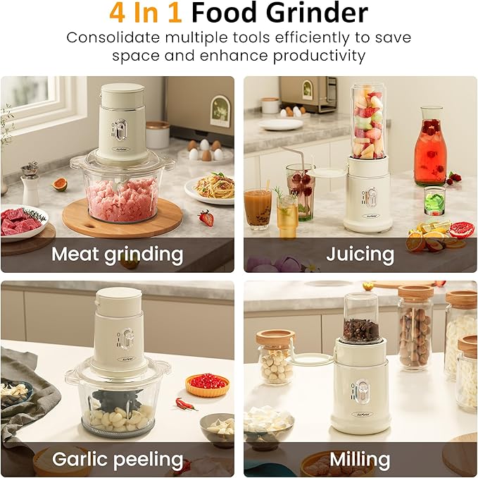 Sunvivi 4-in-1 Electric Food Chopper & Small Food Processor, Meat Grinder, Garlic Peeler & Juicer, 2-Speed Mini Food Processor with 1.5L Glass Bowl and 2 Cups (0.4L+0.2L), Beige