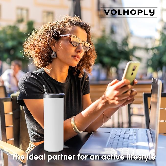 Volhoply 4 Pack Skinny Tumblers with Lid and Straw, 20oz Stainless Steel Straight Tumbler Bulk, Vacuum Insulated Coffee Mug for Home, Office, Travel, DIY (White,4 Pack)