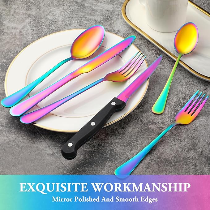 48 Pcs Rainbow Silverware Set with Steak Knives Service for 8,Stainless Steel Flatware Set,Mirror Polished Cutlery Utensil Set, Kitchen Eating Tableware,Include Fork Knife Spoon Set,Dishwasher Safe