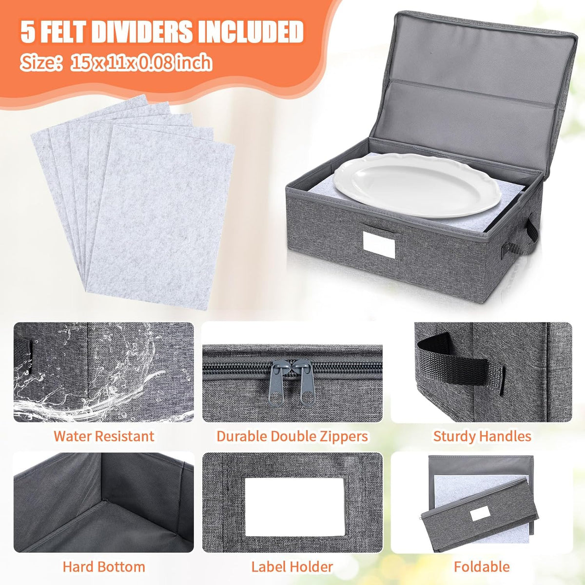 Norme 3 Pcs Platter Storage Case China Storage Container Stackable China Boxes Hard Shell Case Moving Supplies, 17x13x 6 In, 15 Felt Dividers Included, Structured Top, Gray