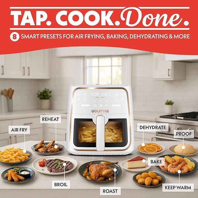 Gourmia 8 Qt Air Fryer, 8 Presets with Digital Display, FryForce 360° Technology, Easy View Window & Interior Light, Dishwasher Safe Basket, White