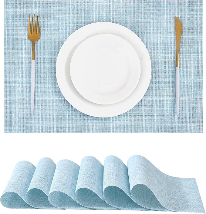 Leetaltree Soft Sky Blue Woven Placemats Set of 6 - Heat Resistant Non-Slip Place mats for Dining Table, Washable Durable PVC Vinyl Woven Table Mats(Sky Blue, 6)