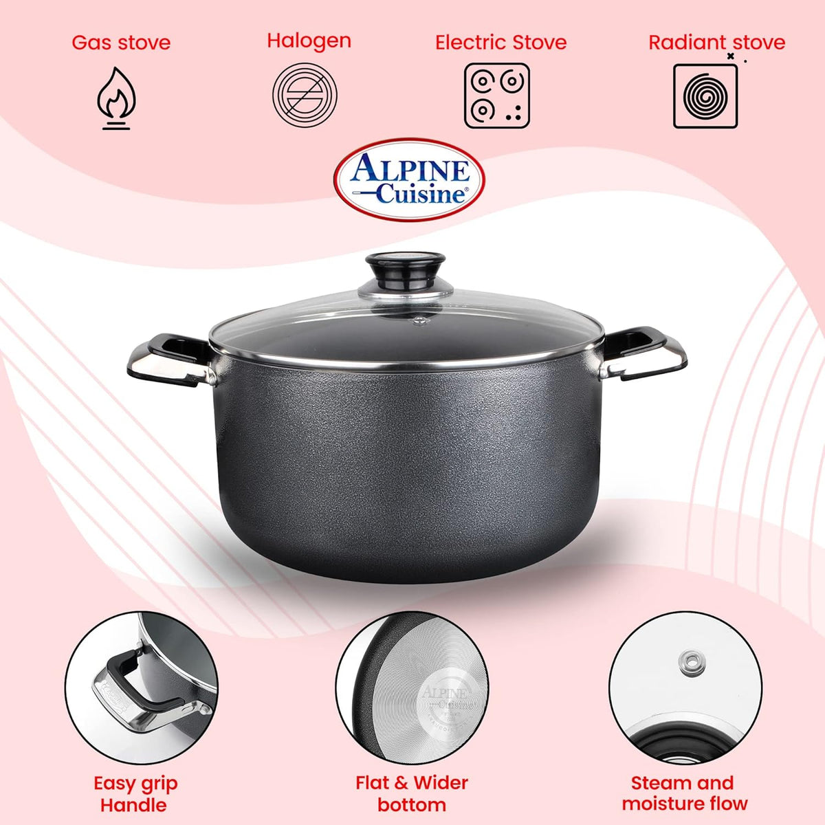 Alpine Cuisine 22 Quart Non-stick Stock Pot with Tempered Glass Lid and Carrying Handles, Multi-Purpose Cookware Aluminum Dutch Oven for Braising, Boiling, Stewing