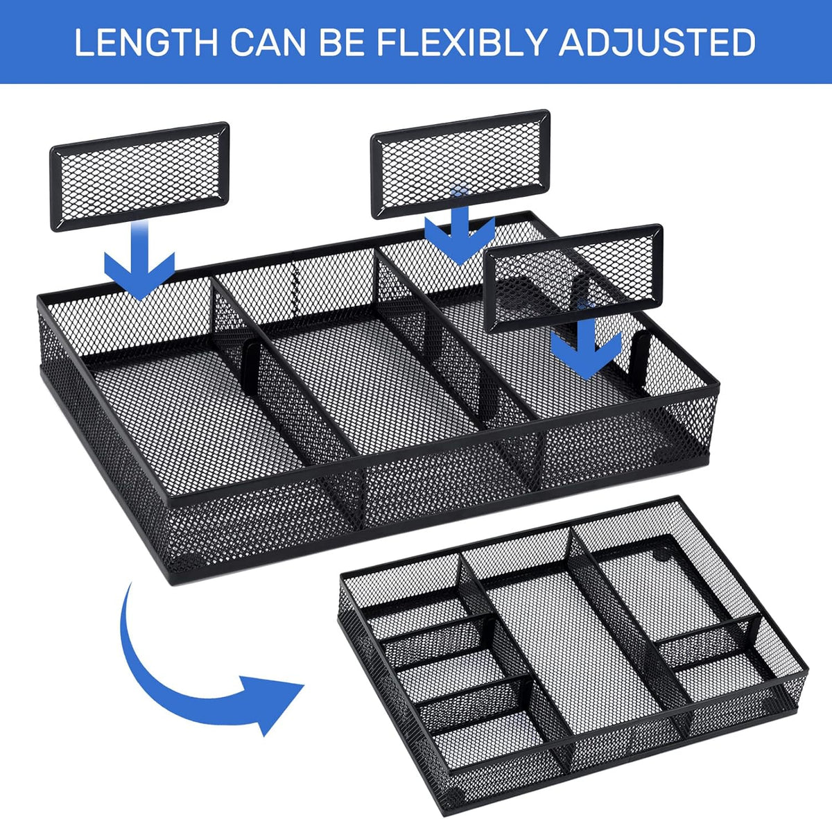 Neudeco Desk Drawer Organizer with 6 Adjustable Dividers, Metal Pen organizer for desk drawer,Mesh Office Desk Drawer Organizer Tray for office supplies (Pack 4, Black)