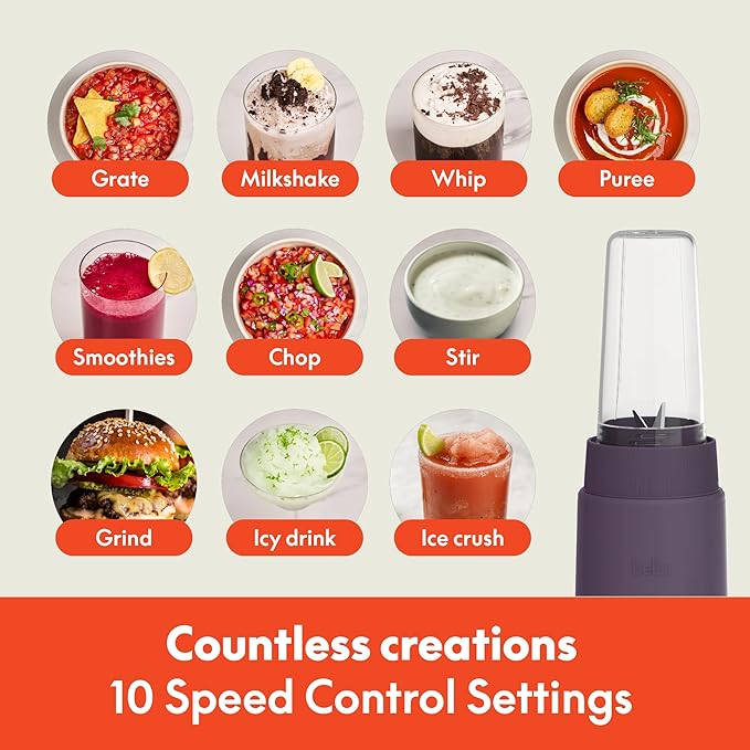 bella 6 Pcs Portable Rocket Blender, Juicer & Smoothie Maker, Press & Twist Design, EverGood™ & BPA Free Dishwasher Safe Parts, 4 Tip Stainless Steel Blade, Cord Wrap, 240 Watt Motor, Plum