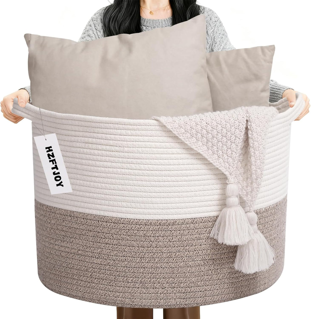 Large Blanket Basket for Organizing,65L Closet Organizers and Storage Bins Box for Shelves Woven Rope Storage Baskets,Living Room,Bedroom,Dorm,Laundry room (White&Brown)