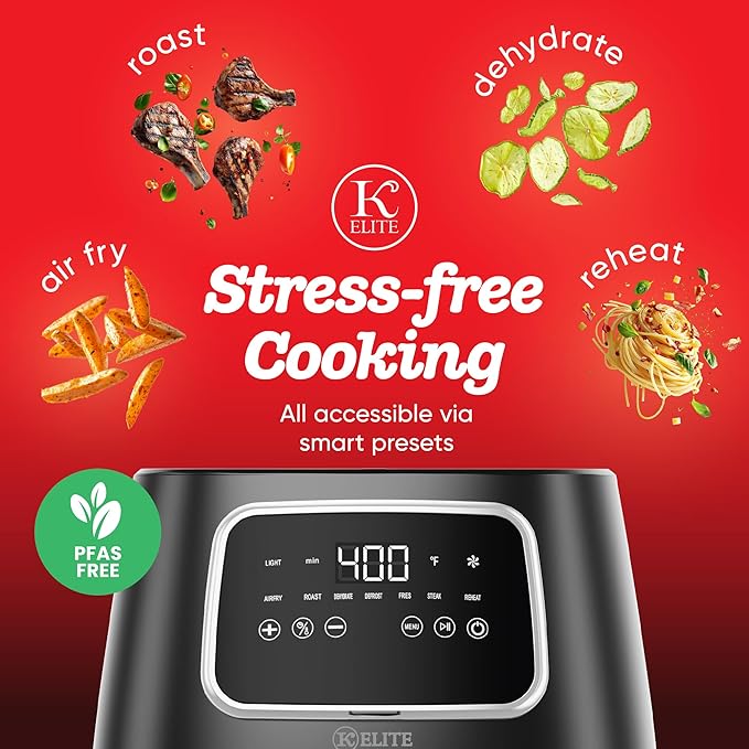 Kitchen Elite 5.5 Qt. Digital Air Fryer, Countertop Cooker with LED Screen, Presets for Air Fry, Roast, Dehydrate, Defrost and Reheat, Black