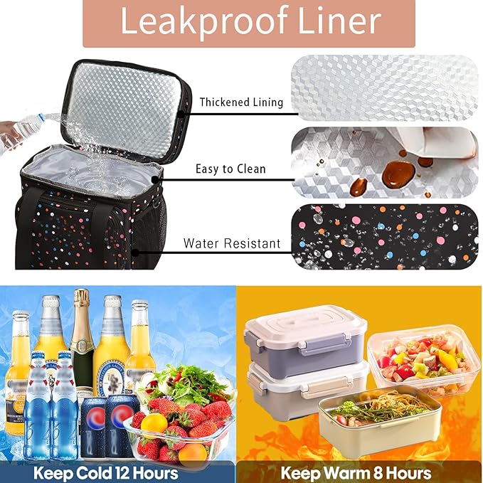Expandable Insulated Lunch Box, Double Deck Lightweight Large Lunch Bag Tote Leakproof Cooler Bags for Women Adults Work Outdoor Picnic Daytrip, Polka Dots, 16L