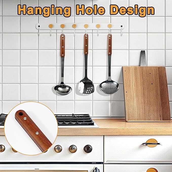 FJNATINH Stainless Steel Wok Spatula,Ladle,Skimmer Ladle Tool Set,Mirror Polished Cooking Utensils with Wooden Handle,Easy to Clean Wok Accessories,Black 3 PCS
