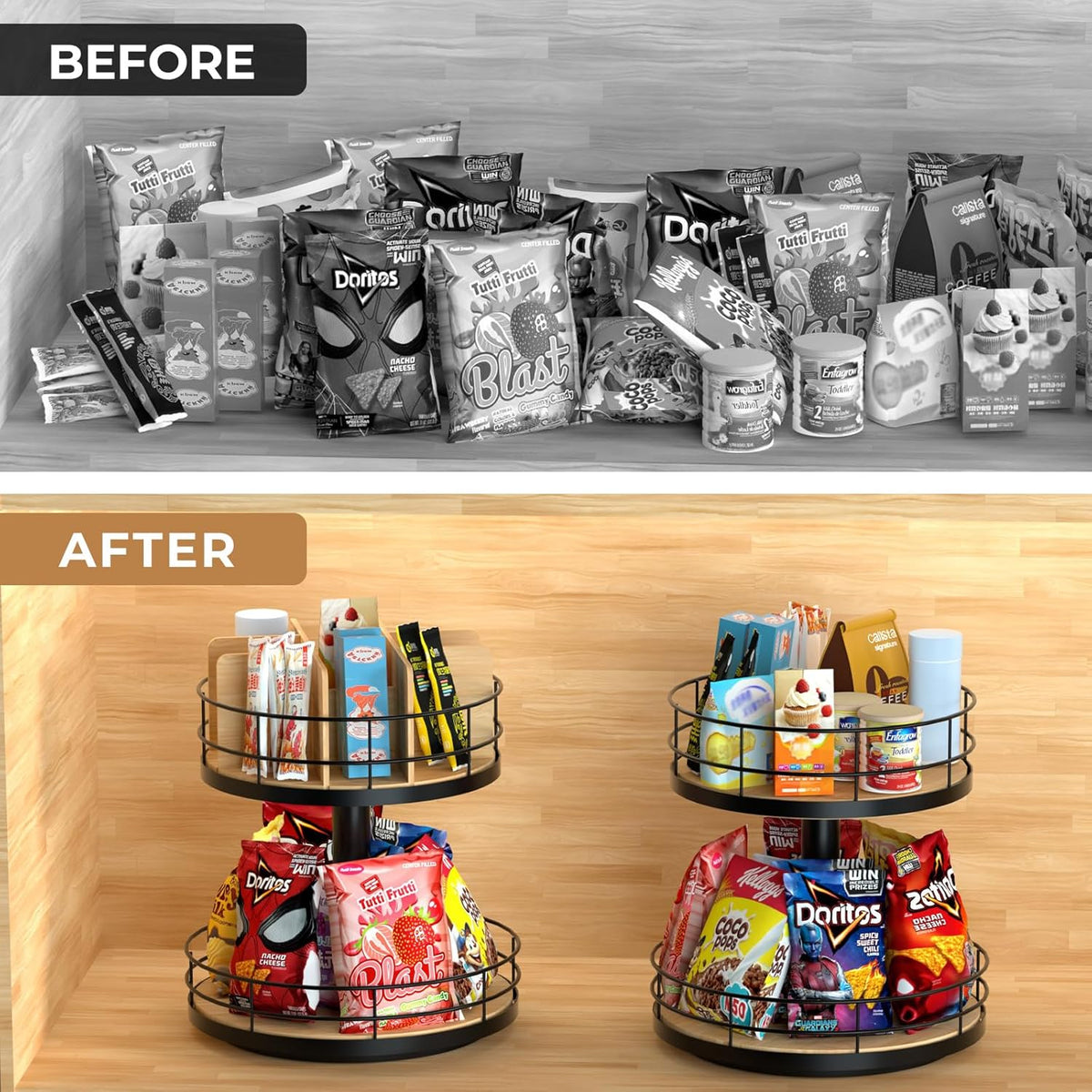 Snack Organizer - Versatile Snack Storage 2 Tier Lazy Susan with Convenient Grab-and-Go Design, Wood and Metal Snack Holder for Home, Office, Breakroom, 12.13" L x 12.13" W x 12.56" H