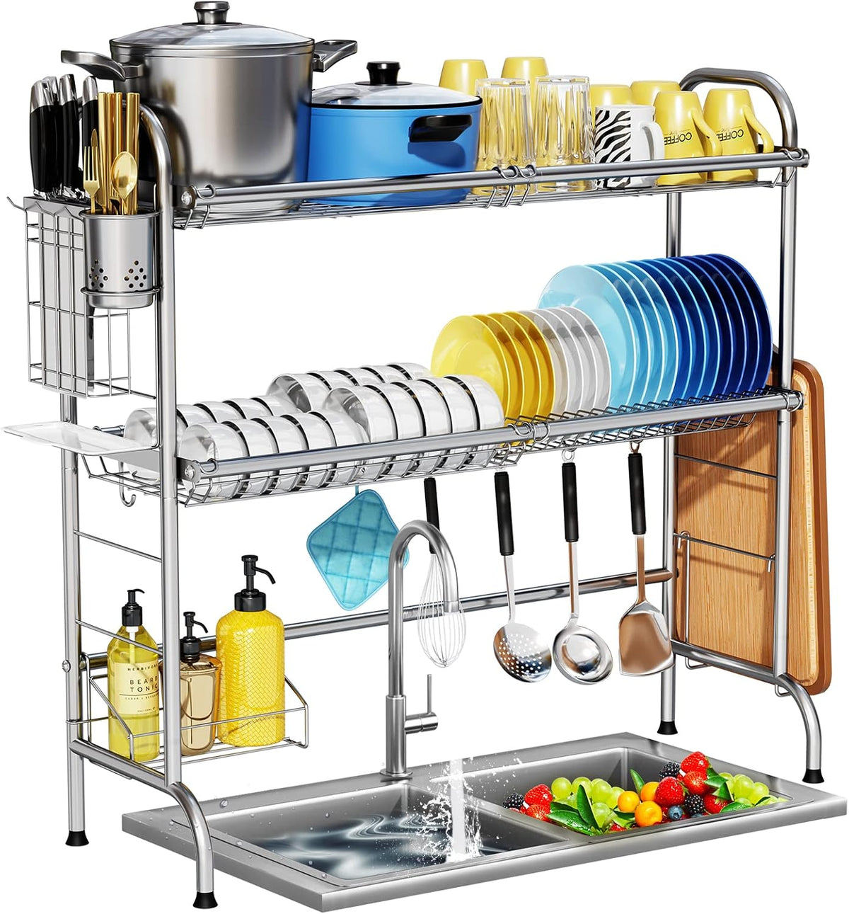 HOWDIA Stainless Steel 2-Tier Over The Sink Dish Drying Rack with Utensil Holder, Large, for Kitchen Counter