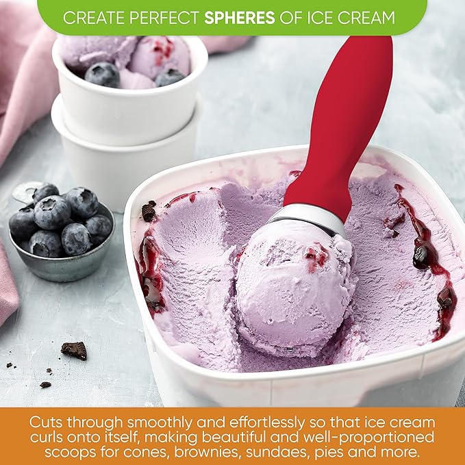 Spring Chef Ice Cream Scoop with Soft Grip Handle, Professional Heavy Duty Sturdy Scooper, Premium Kitchen Tool for Cookie Dough, Gelato, Sorbet, Red