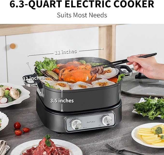 6-Quart Electric Skillet with Grill | Non-Stick PFOA-Free Ceramic-Coated Pot, 1600W, Timer & 3 Power Settings for Steak, Egg, Ramen (Includes Tongs) Pot & Grill
