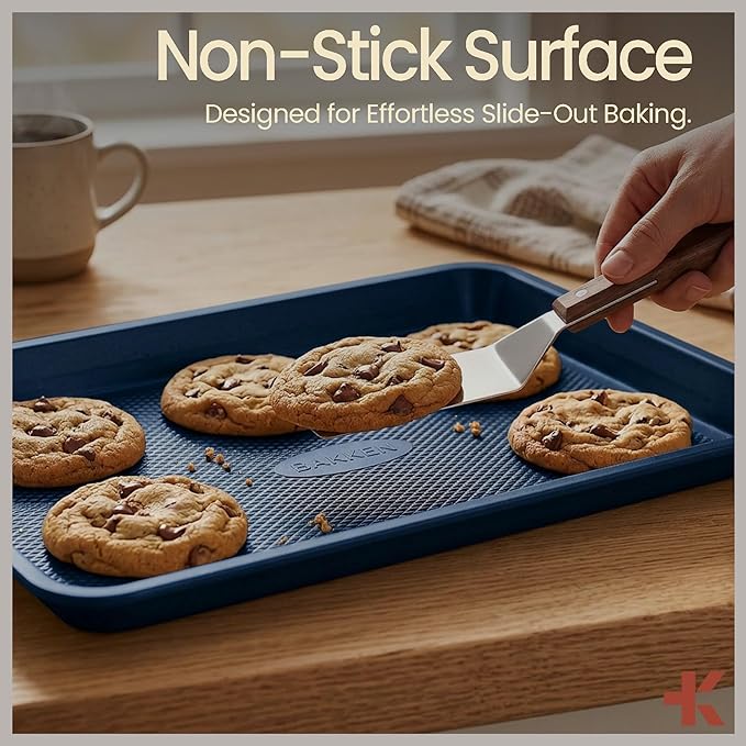 BAKKEN Kitchen Baking Pans - Nonstick Blue Coating, 13.58’’ × 9.65’’ Commercial Grade Carbon Steel Cookie Sheet, Diamond Texture Bottom, PFOA, PFOS, PTFE Free, Oven Safe Tray (450°F), Blue