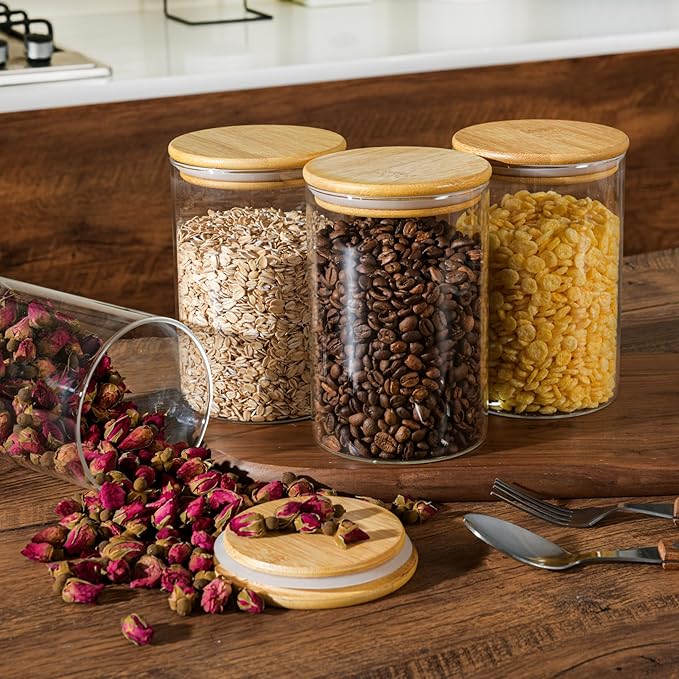 D2scrma 32oz Straight Cylindrical Airtight Storage Containers with Bamboo Lids Set of 6, Round Stackable Canisters, Food Jars, Pantry Organizers for Sugar, Cookies and Coffee beans (with Black Lable)