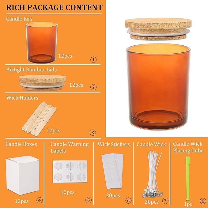 MILIVIXAY 12 Pack 7 OZ Amber Glass Candle Jars with Lids and Candle Making Kits - Bulk Empty Candle Jars for Making Candles - Spice, Powder Containers.
