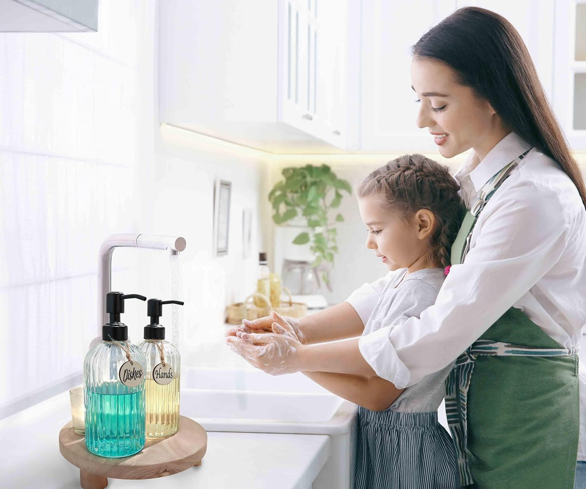 JASAI 2PACK 18Oz Simple Glass Soap Dispensers with Black Pump, Refillable Kitchen soap Dispenser with Vertical Stripe, Bathroom Soap Dispenser for Bathroom Hand soap, Dish Soap, Lotion.