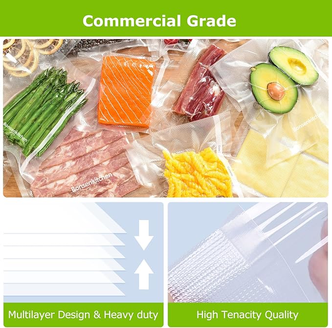 Bonsenkitchen Vacuum Sealer Bags Rolls, 11in x 50ft & 8in x 50ft Durable Food Sealer Bags, Commercial Grade, Heavy Duty, BPA Free, Seal a Meal, Great for Food Storage & Sous Vide Cooking, VB25