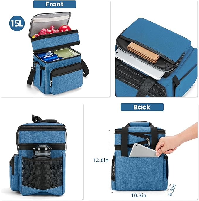 holuxer Insulated Lunch Bag & Lunch Box for Men - Double Deck Reusable Lunch Bag for Women Tote Cooler Bag Leakproof Soft Expandable - Large Lunchbox for Work/Adult/Picnic/Outdoor (Blue，15L)