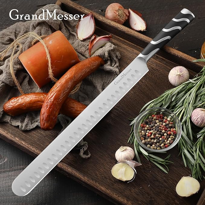 Carving Knife, 12 Inch Slicing Knife for Meat, Premium German Steel with ABS Handle, for BBQ Brisket Turkey Ham Rib Roast Beef with Sharpener.
