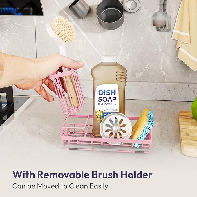 SWTYMIKI Sink Caddy Sponge Holder - Kitchen Sink Organizer with High Brush Holder for Countertop to Hold Dish Soaps and Sponges, Stainless Steel, Pink