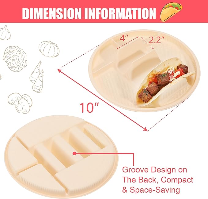 LUVCOSY 10'' Large Disposable Taco Plates, 3-Taco & 4-Sides, Biodegradable Cornstarch Taco Holder, Big Size Fit Soft & Hard Tortilla, Sturdy & Microwave Safe, Bar Serving Set For A Party- 40 Pack