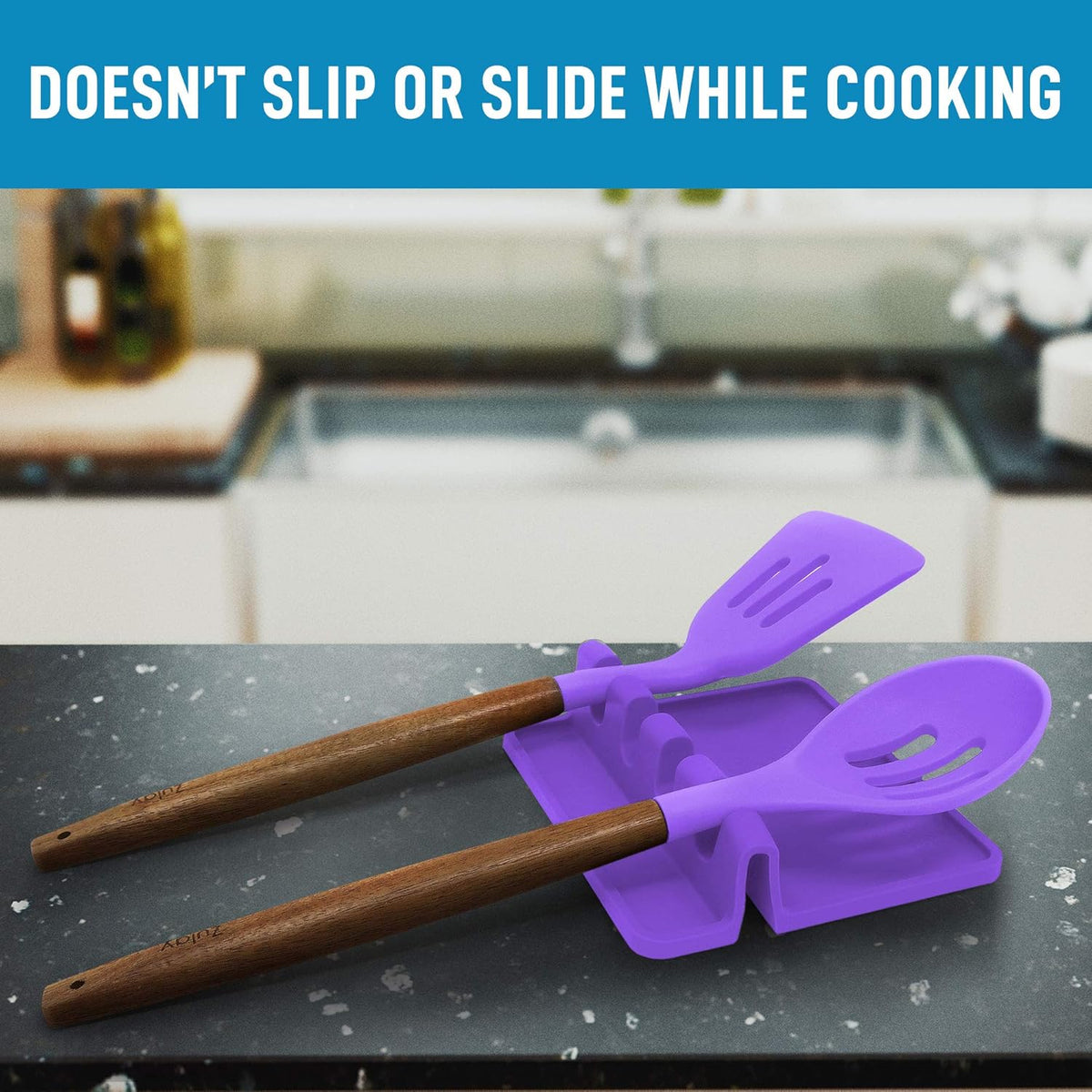 Zulay Kitchen Silicone Utensil Rest with Drip Pad for Multiple Utensils - BPA-Free, Heat-Resistant Spoon Rest & Spoon Holder for Stove Top - Kitchen Utensil Holder for Ladles & Tongs - Mystic Violet