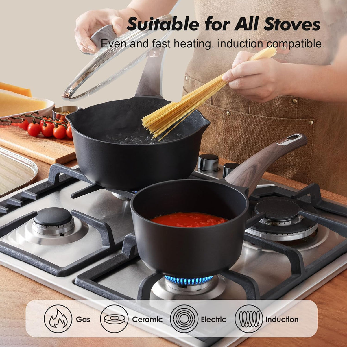 SENSARTE 1.5 & 2.5 Quart Sauce Pan Sets with Lid, Cooking Pots Set, Nonstick Saucepan Set with Pour Spout, Small Kitchen Pot, Non toxic Saucepot, Induction Comptable, Easy to Clean, PFOA Free