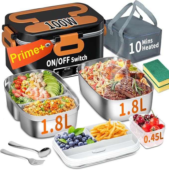 IFENROL Electric Heated Lunch Box for Adults, 100W 3-IN-1 2 Pack 1.8L Containers Heating Lunch Box for Men Portable Double Layer, Fast Heated Food Warmer,12V/24V/110V for Car Truck Office Home