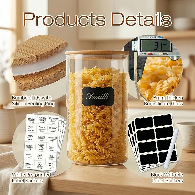Multi Size - 5 Pack Glass Jars with Bamboo Lids, Glass Pantry Storage Containers with Airtight Lids, Round Air Tigh Food Storage Canisters for Cereal, Pasta, Flour, Sugar, Best for Kitchen Organizer