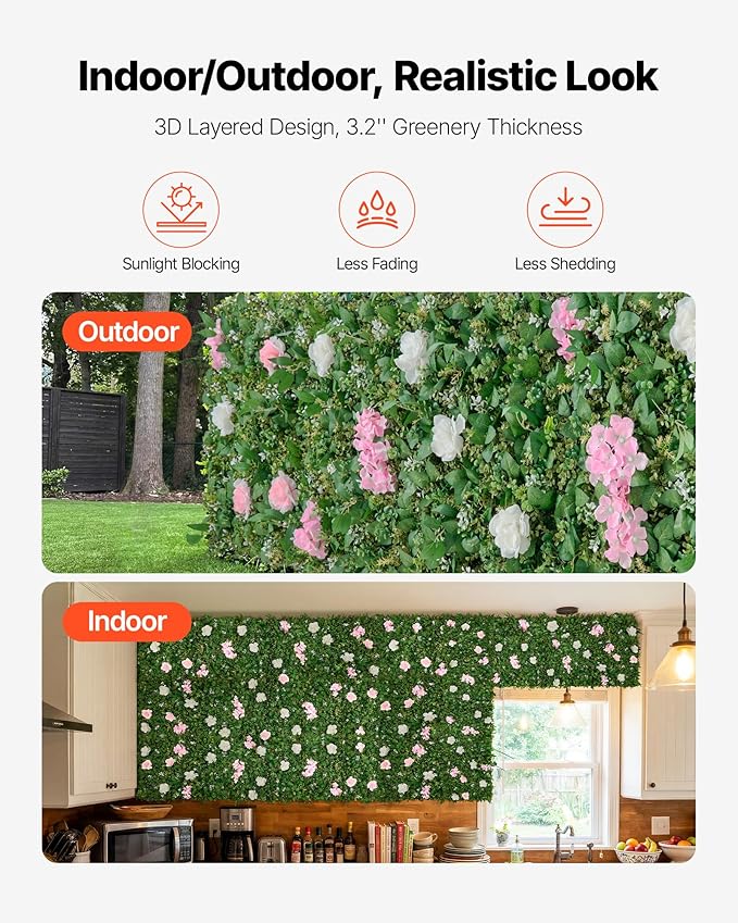 VEVOR Artificial Luxury‌ Flower Wall Backdrop, 2 PCS, Each Panel 2 x 8 ft, Gorgeous 3D Silk Floral Backdrop Pet Friendly, Easy Installation Flower Wall Panel for Wedding, Event, Party,Mixed Leaf