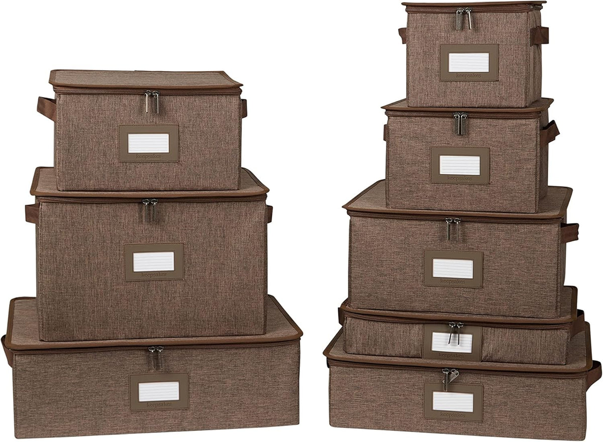 Covermates Keepsakes Dish Storage Box - Stackable, Reinforced Handles, China Storage, Brown Heather
