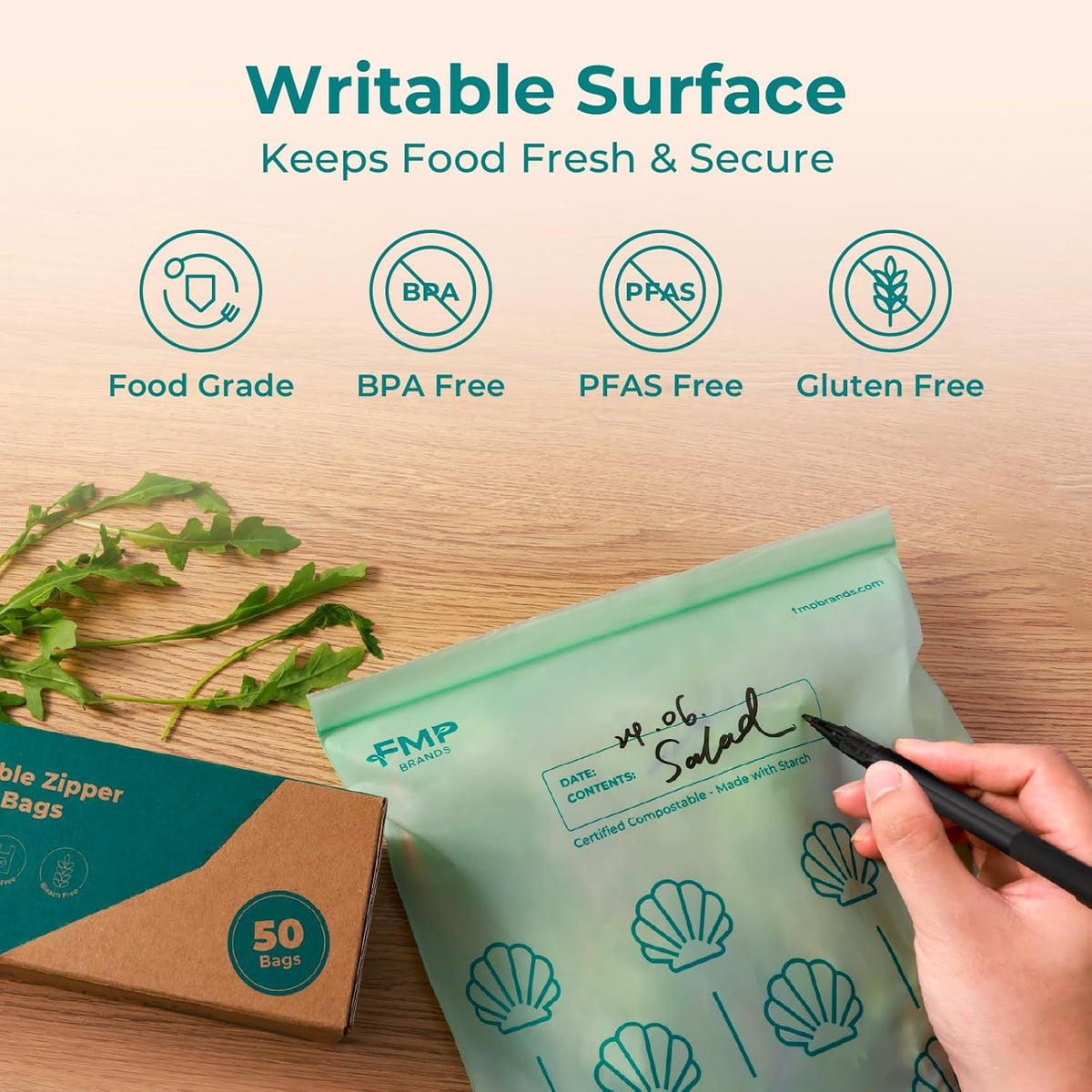 Fit Meal Prep 50 Pack 100% Compostable Food Storage Bags, 1 Gallon Freezer Bags, 10.6 x 11.5" Resealable Bag for Vegetables, Meat, Fruits, ASTM D6400, US BPI & EU OK Compost Certified