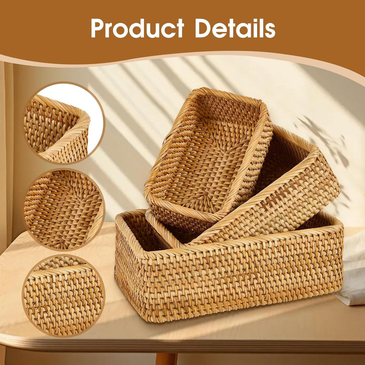 Natural Rectangular Rattan Storage Baskets (Set of 3), Hand Woven Food and Fruit Serving Baskets, Wicker Organizer for Living Room, Bedroom, Kitchen