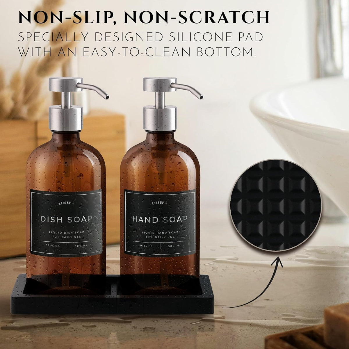 Lotion, Hand & Dish Soap Dispenser for Kitchen Sink - Bathroom Soap Dispenser Set of 2 16.8 Oz Glass Bottles with Stainless Steel Pump, 15 Water Proof Labels & Silicon Tray (Amber/Silver)