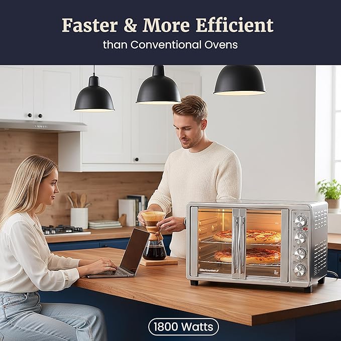 Elite Gourmet ETO4510B# French Door 47.5Qt, 18-Slice Convection Oven 4-Control Knobs, Bake Broil Toast Rotisserie Keep Warm, Includes 2 x 12" Pizza Racks, Stainless Steel