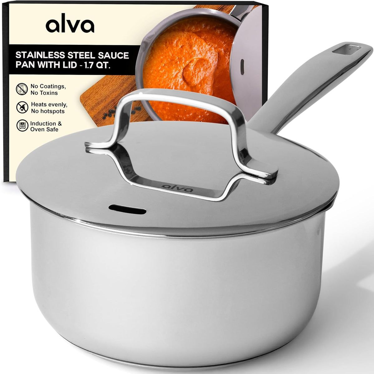 Alva Maestro 1.7Qt Stainless Steel Saucepan with Lid – PFAS, PFOA & PTFE-Free, Non-Toxic – Even Heating, No Hot Spots – Stay-Cool Handle, Pour Spout – Induction & Oven Safe, Easy to Clean