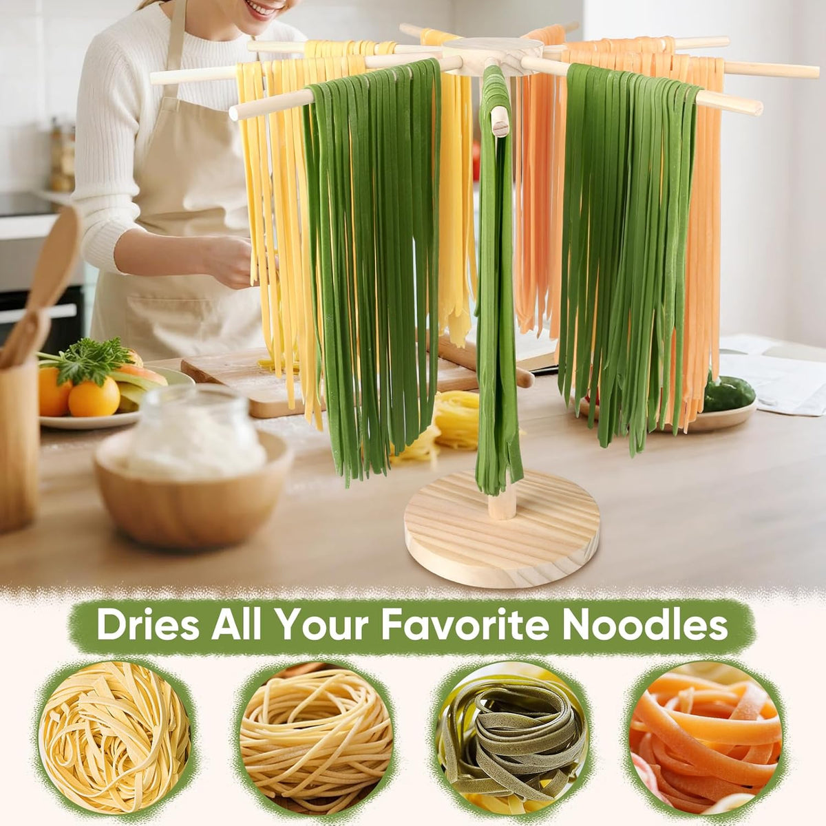 Pasta Drying Rack - 9 Sticks Wooden Pasta Dryer Stand for Homemade Fresh Pasta, Spaghetti, Fettuccine, Tagliatelle - Large Detachable Natural Wood Noodle Rack, Space Saving & Sturdy Design