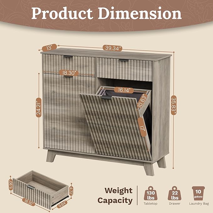 Double Tilt Out Laundry Hamper Cabinet, 20 Gallon Wooden Trash Can Cabinet with Drawers, Hidden Fluted Bathroom Storage Cabinet for Kitchen, Living Room (Wood Grey, 39.34"W x 35.83"H x 13"D)