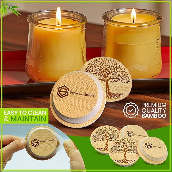 Oui Yogurt Jar Lids – Choose a Design, 4-24 Pieces, Bamboo, Silicone, or Stainless Steel | Tops That Fit Yoplait Oui Glass Jars | Bamboo Oui Jar Covers | Oui Yogurt Storage Lids - Tree of Life 4 pack