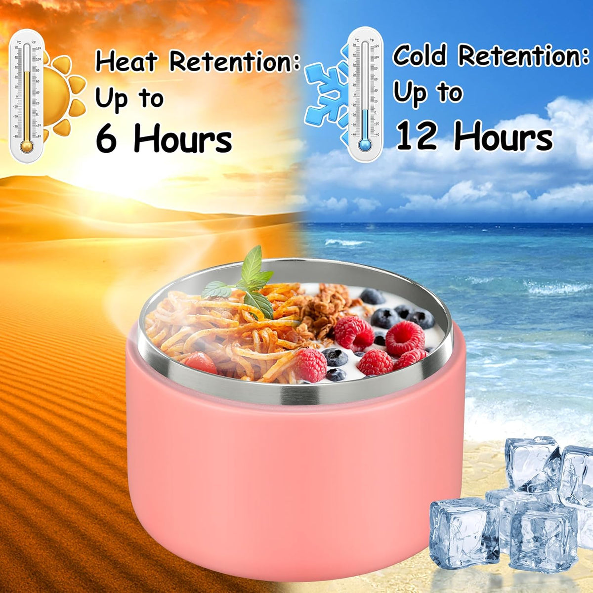 12oz Insulated Vacuum Food Jar with Buckle Lid Wide Mouth Soup Thermo for Hot Food Kids Leakproof Stainless Steel Lunch Container- Pink- 1Pack