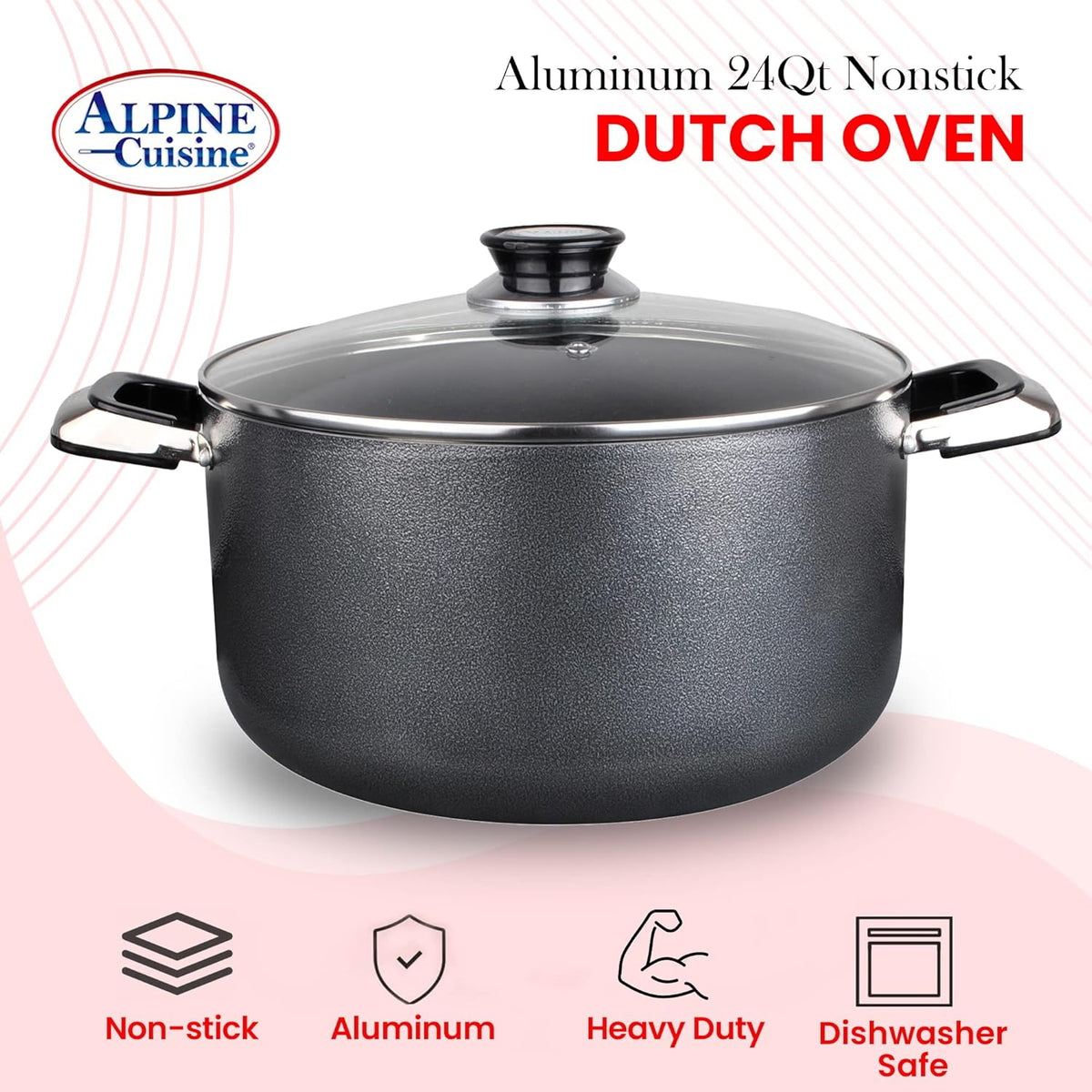 Alpine Cuisine 22 Quart Non-stick Stock Pot with Tempered Glass Lid and Carrying Handles, Multi-Purpose Cookware Aluminum Dutch Oven for Braising, Boiling, Stewing