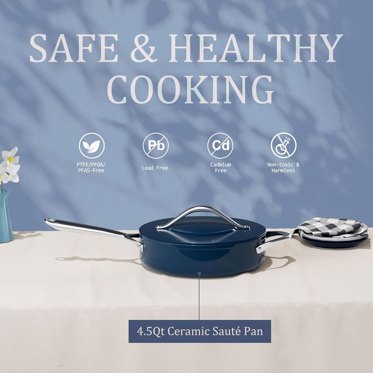 Nonstick Ceramic Sauté Pan with Lid (4.5 qt, 11"), Deep Frying Pan for All Cooktops - Non Toxic, PTFE/PFOA/PFAS Free, Dishwasher & Oven Safe up to 500°F - with Stay Cool Handle - Navy Blue