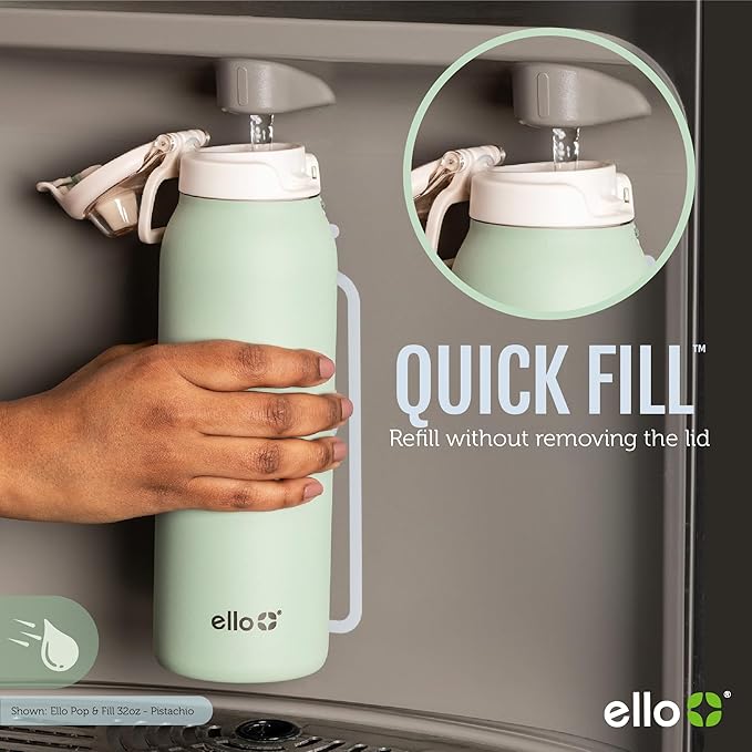 Ello Pop & Fill 22oz Stainless Steel Water Bottle with Quick Fill Technology, Double Walled and Vacuum Insulated Metal, Leak Proof Locking Lid, Sip and Chug, Reusable, BPA Free, Black