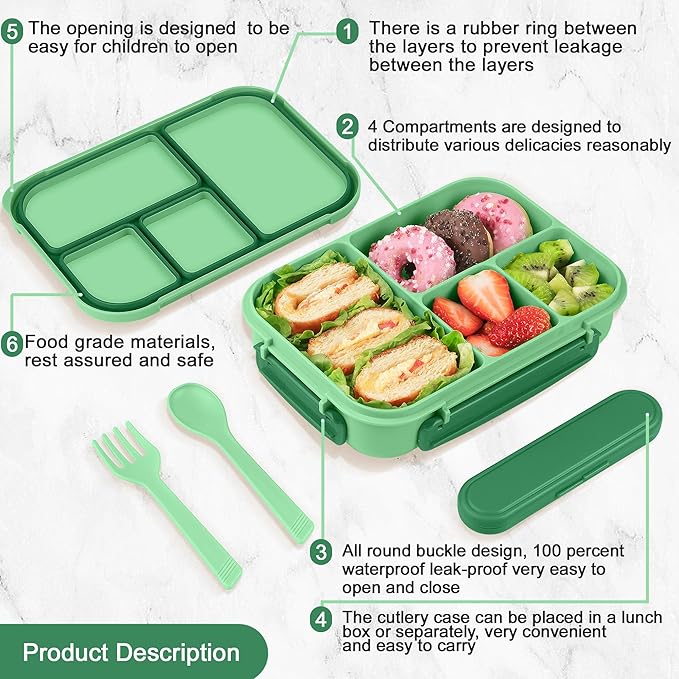 Amathley Lunch Box Kids,Bento Box Adult,Leakproof Lunch Containers for Adults/Kids/Toddler,1200ML-4 Compartments bento Lunch box with Utensil,Microwave & Dishwasher & Freezer Safe (Cyan)