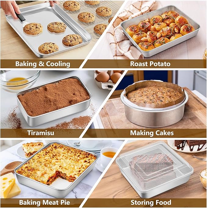 P&P CHEF Stainless Steel Bakeware Set, 12-Piece Kitchen Baking Pans Set, Baking Sheet with Rack, Square Cake Pan with Lid, Lasagna Pan, Loaf Pan, Muffin Pan, Pizza Tray & 2 Covers, Easily Clean