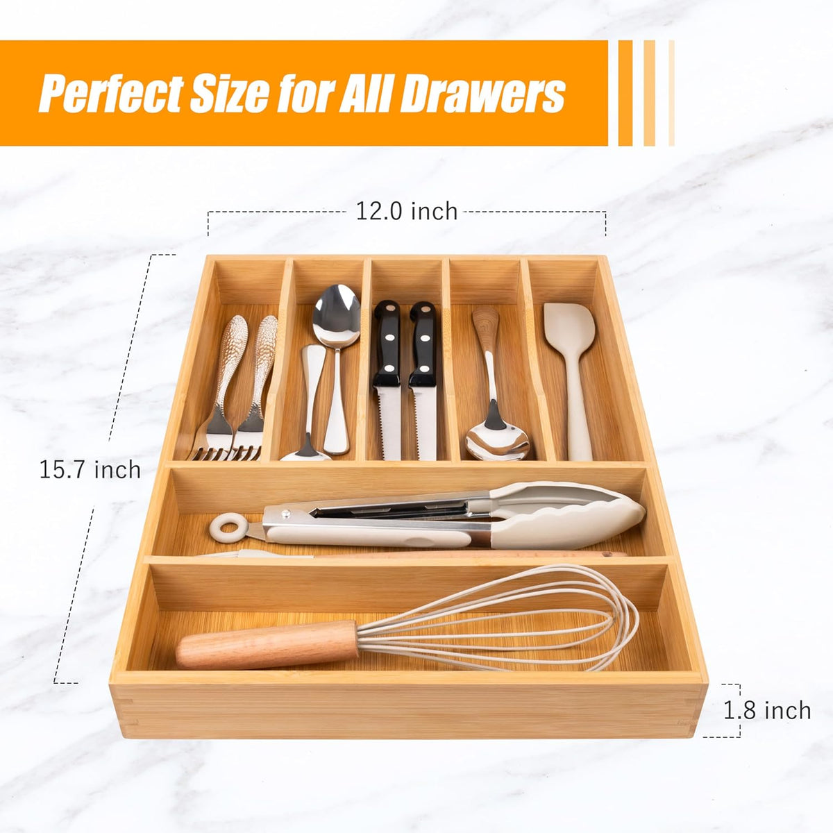 Bellsal Bamboo Silverware Drawer Organizer, Kitchen Utensil Drawer Organizers, 12"x15.7" Utensils Holder Cutlery Tray with Grooved Drawer Dividers for Kitchen Flatware Bedroom Office(7 Slot, Natural)