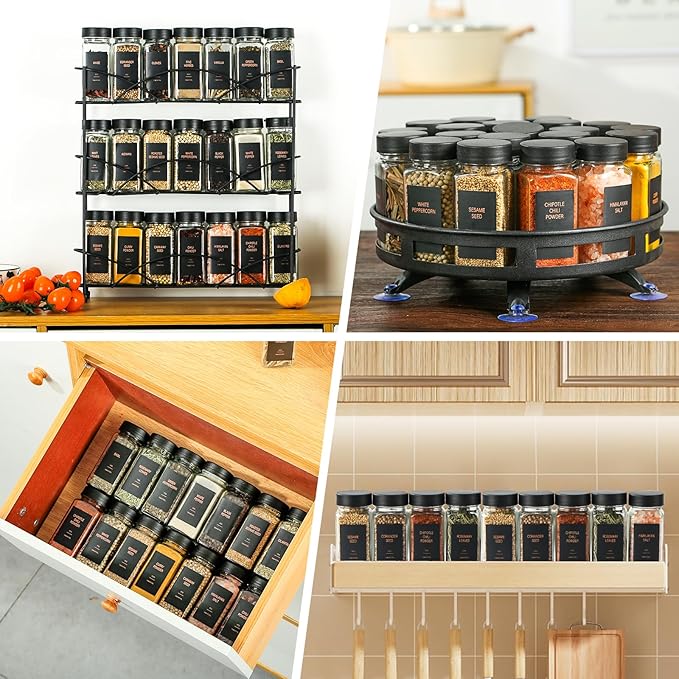 Spice Jars with Label，4oz Glass Spice Bottles With Shaker Lids，Seasoning Containers with Funnel, Chalk Pen for Cabinet，Drawer，Rack (Black, 48)