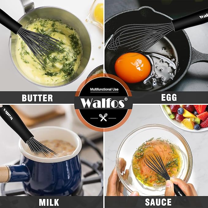 Walfos Silicone Whisk,7+9in Mini Whisk,BPA Free,Small Whisks for Non-Scratch,Heat Resistant (450°F) Nice for stirring individual eggs and mixing small amounts of powder and sauce.Dishwasher Safe.Black