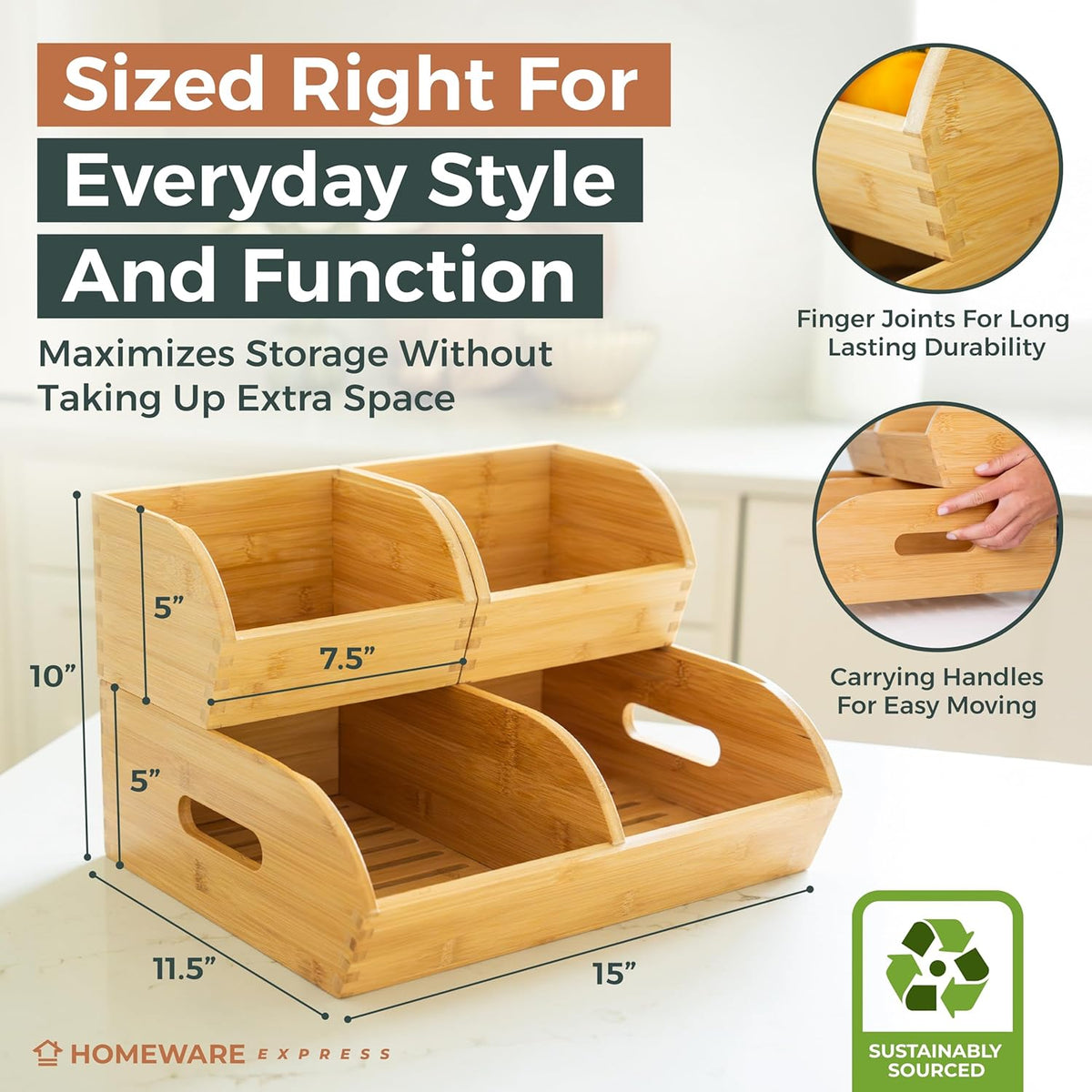 Potato and Onion Storage Bin for Pantry and Kitchen Counter - Ventilated Stackable Bamboo Organizer Baskets with Handles - Multipurpose Organization Containers for Fruit, Vegetable, Pantry - 3 Pack